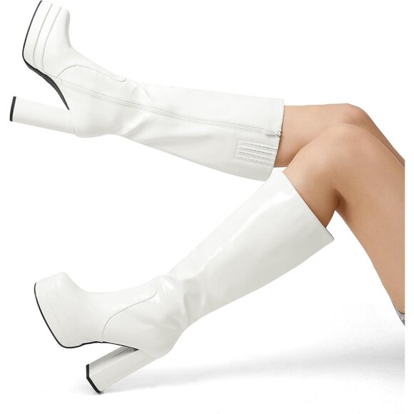 ⚡Women's White pat Faux Leather Platform Heeled Knee High Long Chunky Tall Boot - Picture 6 of 7